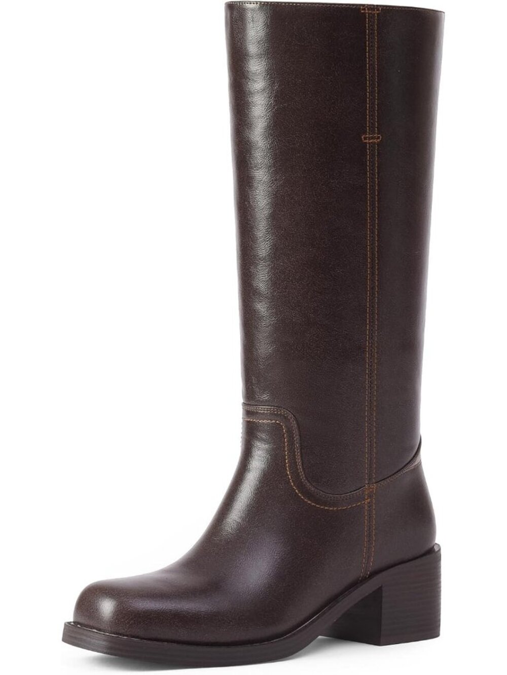 Women's Dark Brown Chunky Block Low Heel Square Toe Trendy Stylish Mid Calf Boot